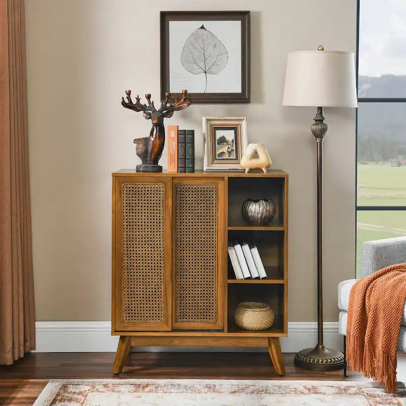 Mid Century Modern Rattan Sideboard Cabinet, Buffet Cabinet Adjustable Shelf & Solid Wood Feet - Light Wood