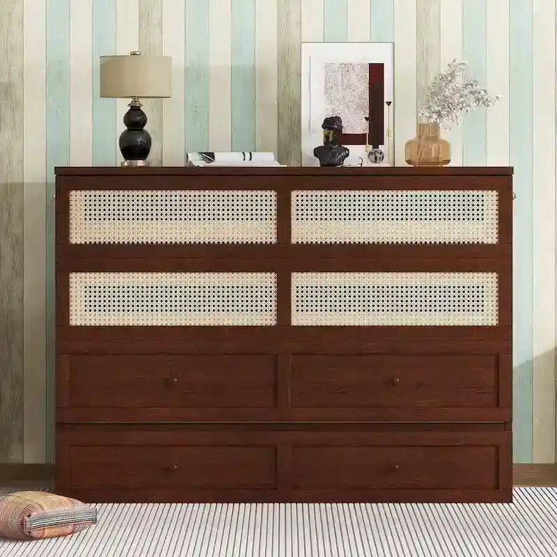 Queen Size Murphy Bed, Pine Wood Cabinet Bed with Rattan Decoration and Storage Drawer,Walnut