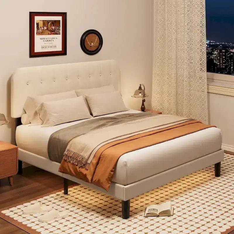 Full / Queen / King Bed Frame with Headboard, Upholstered Platform Bed with Sturdy Wooden Slats