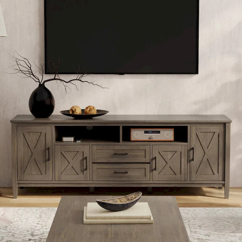 WYNDENHALL Cantina SOLID WOOD 72 inch Wide Transitional TV Media Stand in Smoky Brown For TVs up to 80 inches