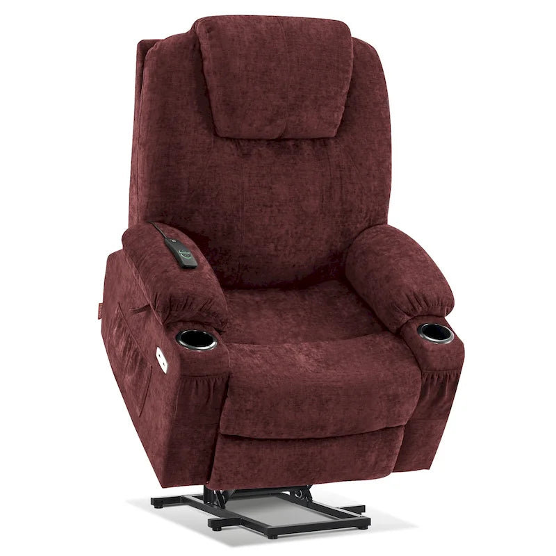 Grand fauteuil releveur électrique avec massage, porte-gobelets et repose-pieds étendu