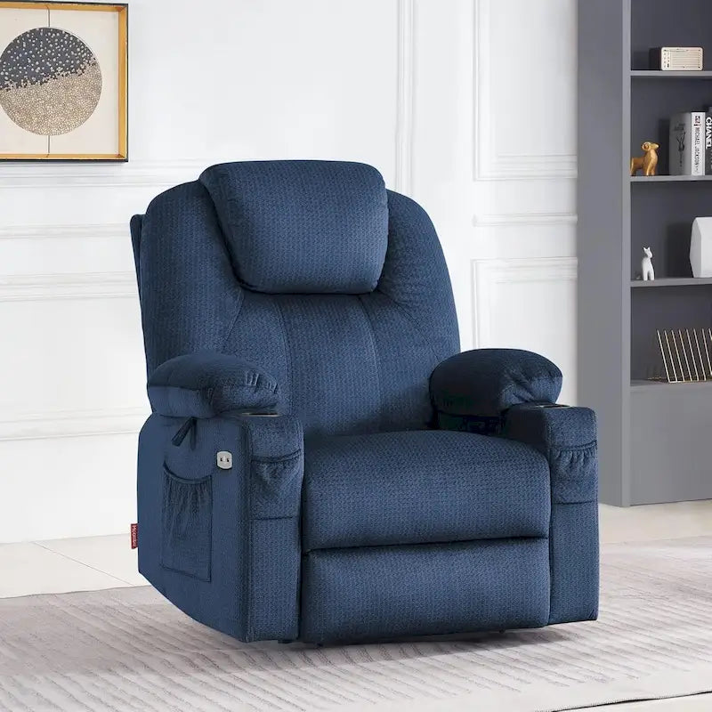 Grand fauteuil releveur électrique avec massage, porte-gobelets et repose-pieds étendu