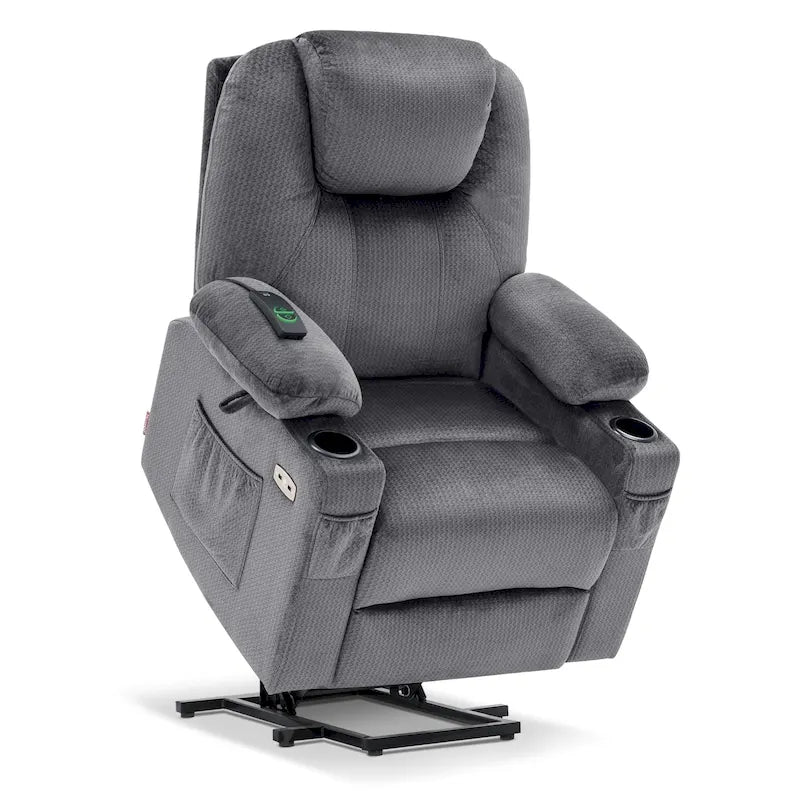 Grand fauteuil releveur électrique avec massage, porte-gobelets et repose-pieds étendu
