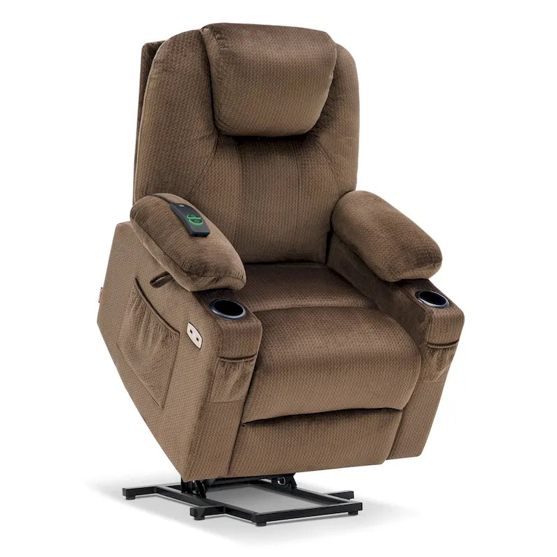 Grand fauteuil releveur électrique avec massage, porte-gobelets et repose-pieds étendu