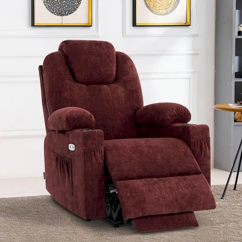 Grand fauteuil releveur électrique avec massage, porte-gobelets et repose-pieds étendu