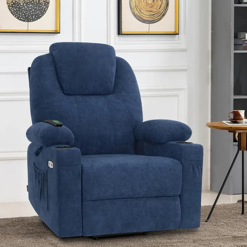 Grand fauteuil releveur électrique avec massage, porte-gobelets et repose-pieds étendu