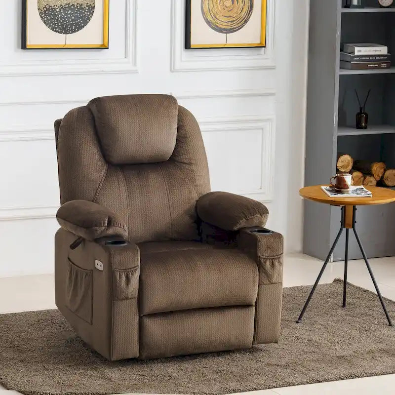 Grand fauteuil releveur électrique avec massage, porte-gobelets et repose-pieds étendu