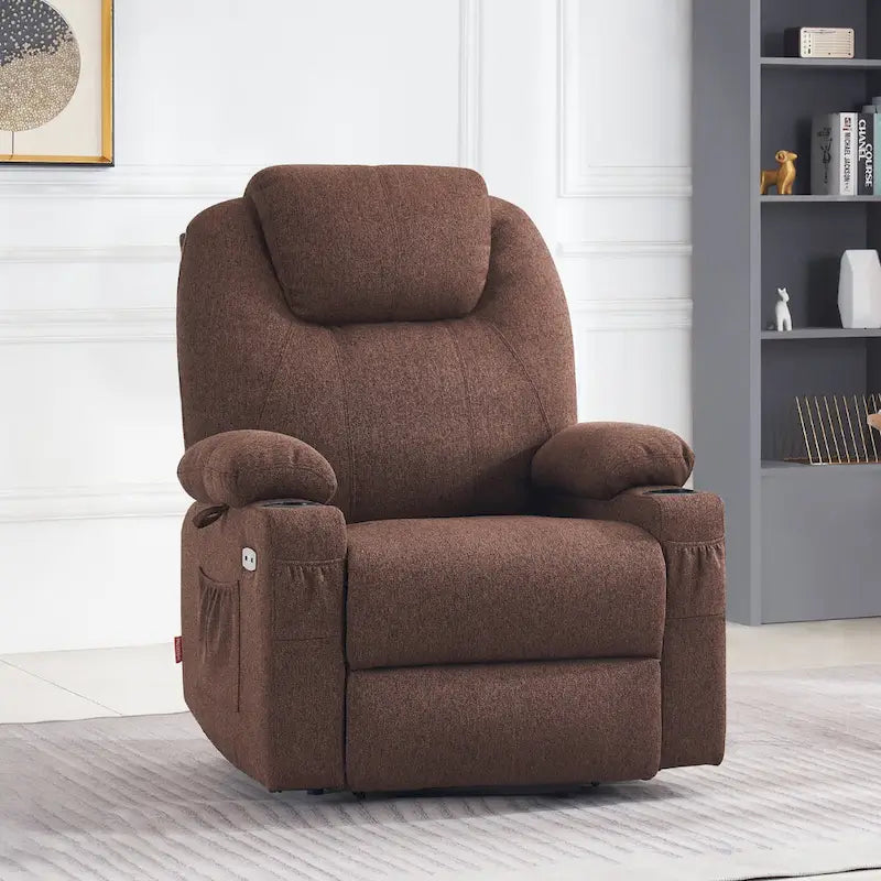 Grand fauteuil releveur électrique avec massage, porte-gobelets et repose-pieds étendu