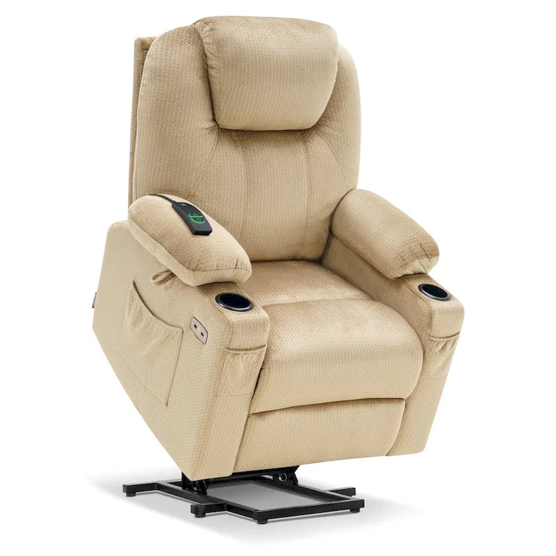 Grand fauteuil releveur électrique avec massage, porte-gobelets et repose-pieds étendu