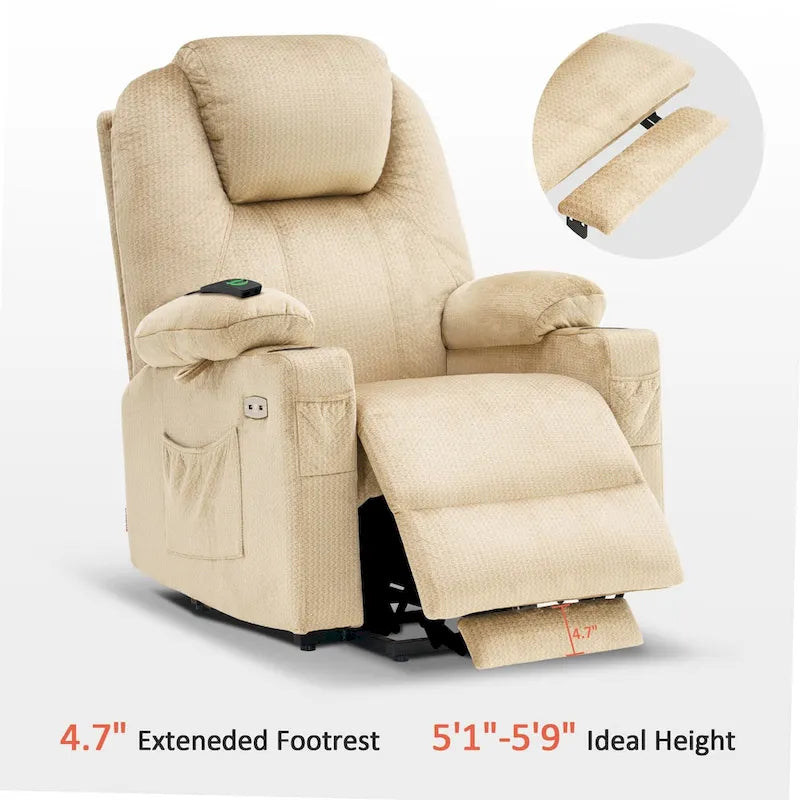 Grand fauteuil releveur électrique avec massage, porte-gobelets et repose-pieds étendu