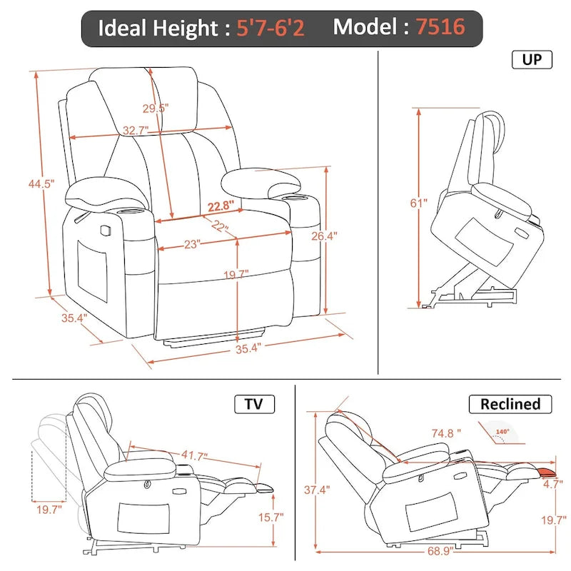 Grand fauteuil releveur électrique avec massage, porte-gobelets et repose-pieds étendu