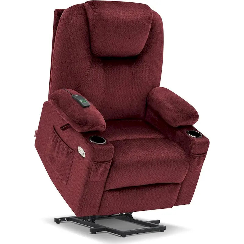 Grand fauteuil releveur électrique avec massage, porte-gobelets et repose-pieds étendu