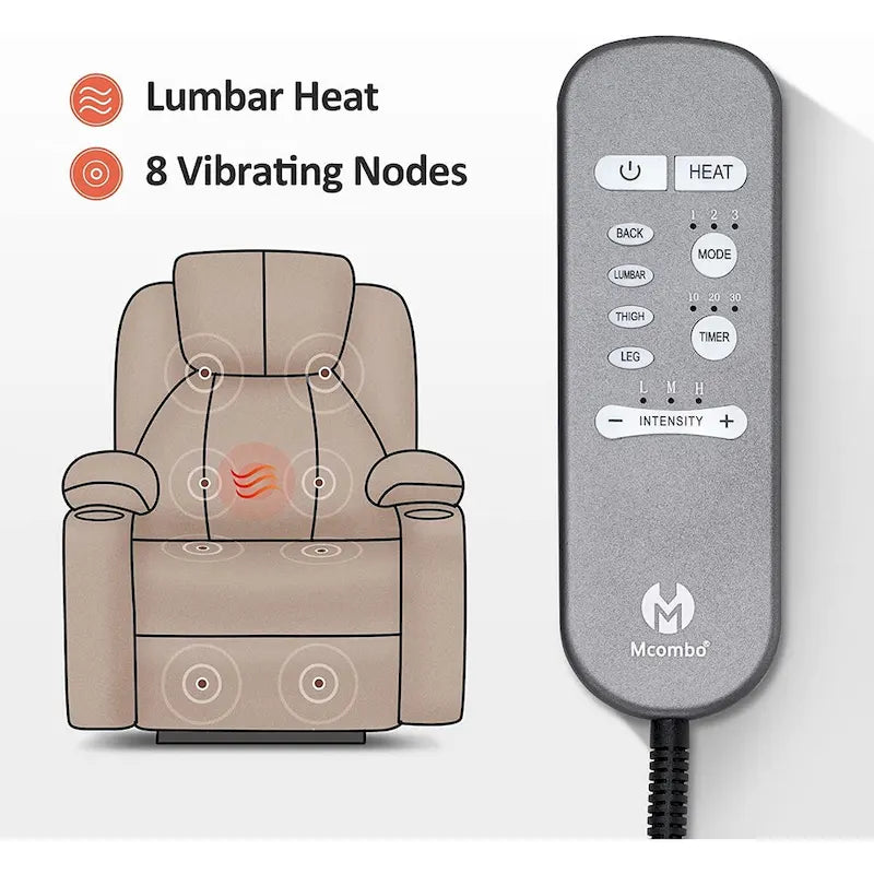 Grand fauteuil releveur électrique avec massage, porte-gobelets et repose-pieds étendu