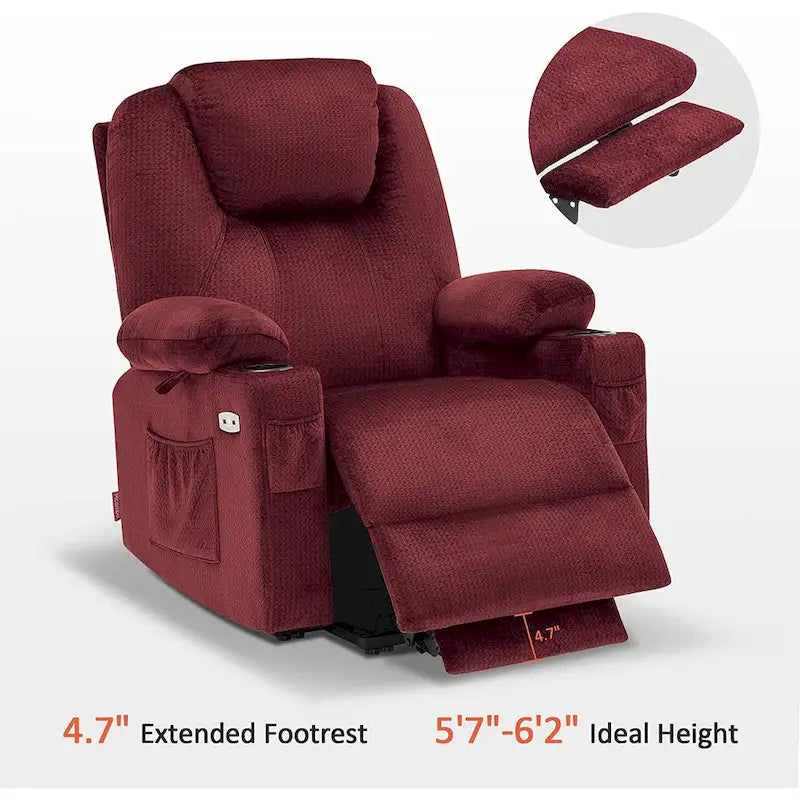 Grand fauteuil releveur électrique avec massage, porte-gobelets et repose-pieds étendu