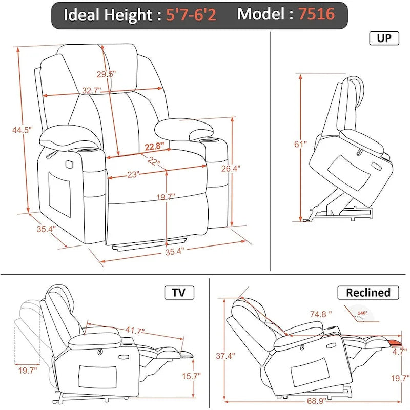 Grand fauteuil releveur électrique avec massage, porte-gobelets et repose-pieds étendu