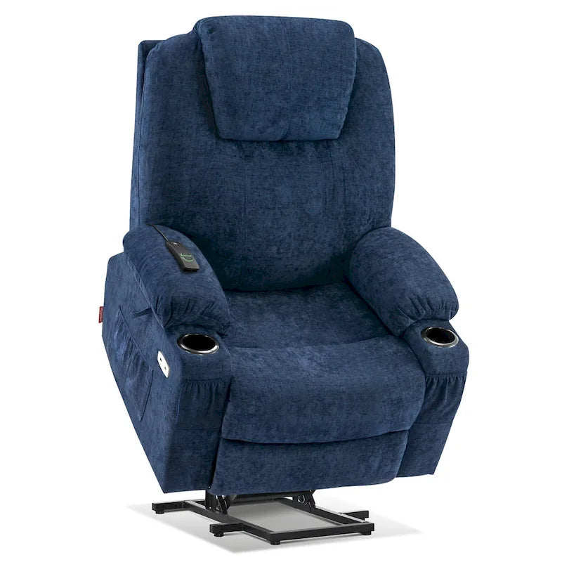 Grand fauteuil releveur électrique avec massage, porte-gobelets et repose-pieds étendu