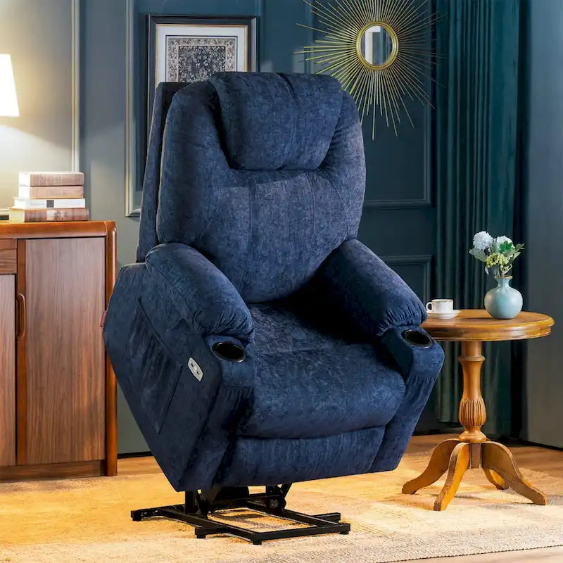 Grand fauteuil releveur électrique avec massage, porte-gobelets et repose-pieds étendu