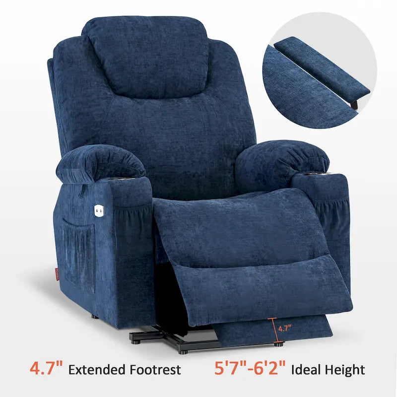 Grand fauteuil releveur électrique avec massage, porte-gobelets et repose-pieds étendu