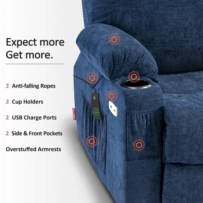 Grand fauteuil releveur électrique avec massage, porte-gobelets et repose-pieds étendu
