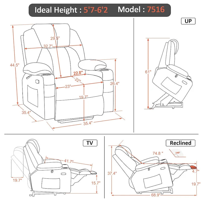 Grand fauteuil releveur électrique avec massage, porte-gobelets et repose-pieds étendu