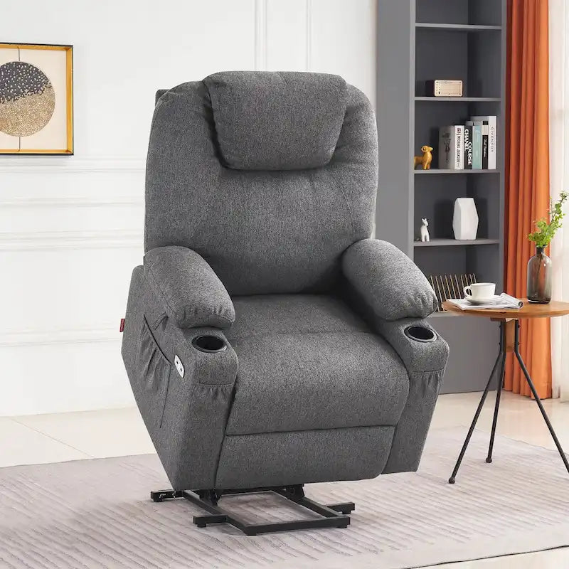 Grand fauteuil releveur électrique avec massage, porte-gobelets et repose-pieds étendu