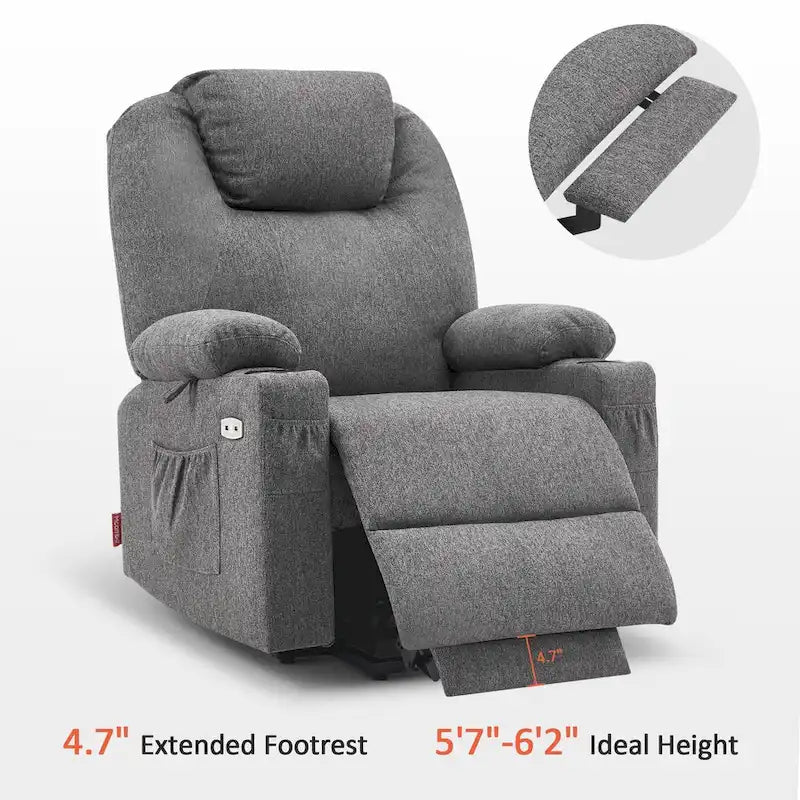 Grand fauteuil releveur électrique avec massage, porte-gobelets et repose-pieds étendu