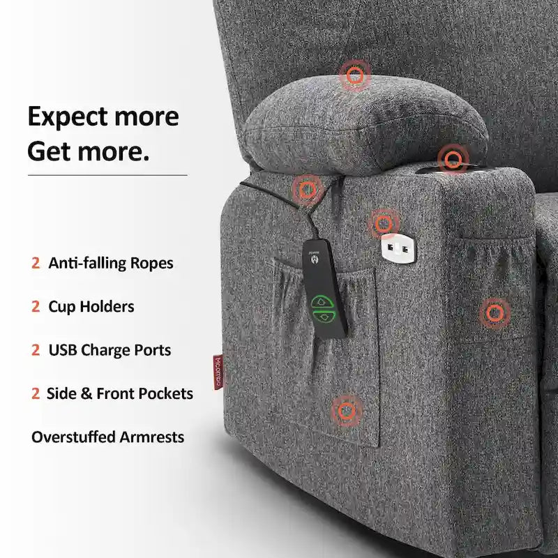 Grand fauteuil releveur électrique avec massage, porte-gobelets et repose-pieds étendu