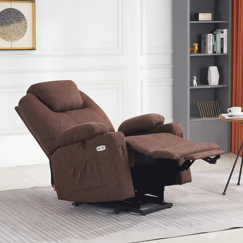 Grand fauteuil releveur électrique avec massage, porte-gobelets et repose-pieds étendu