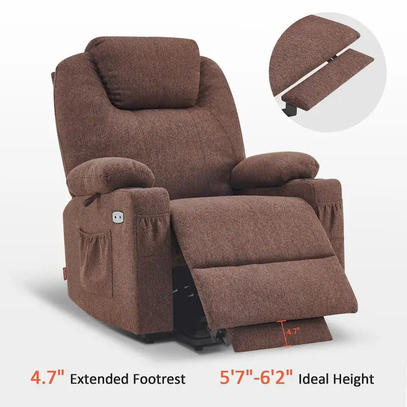 Grand fauteuil releveur électrique avec massage, porte-gobelets et repose-pieds étendu