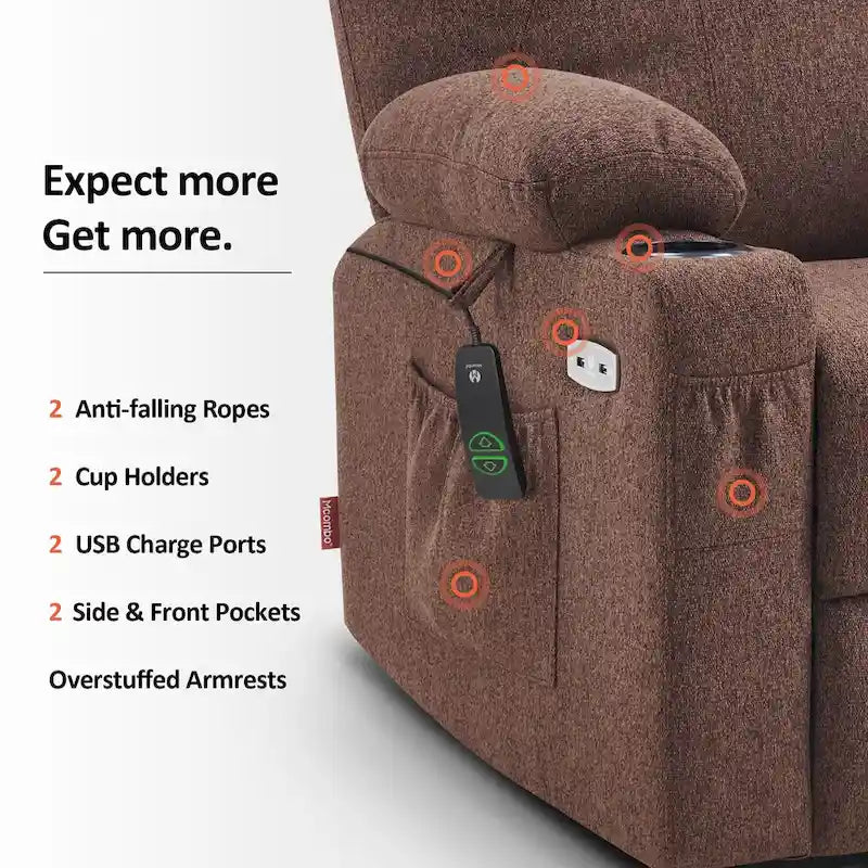 Grand fauteuil releveur électrique avec massage, porte-gobelets et repose-pieds étendu
