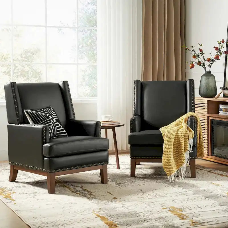 Lourdes Genuine Leather Armchair with Solid Wood Frame and Removable Seat Cushion,Set of 2 by HULALA HOME